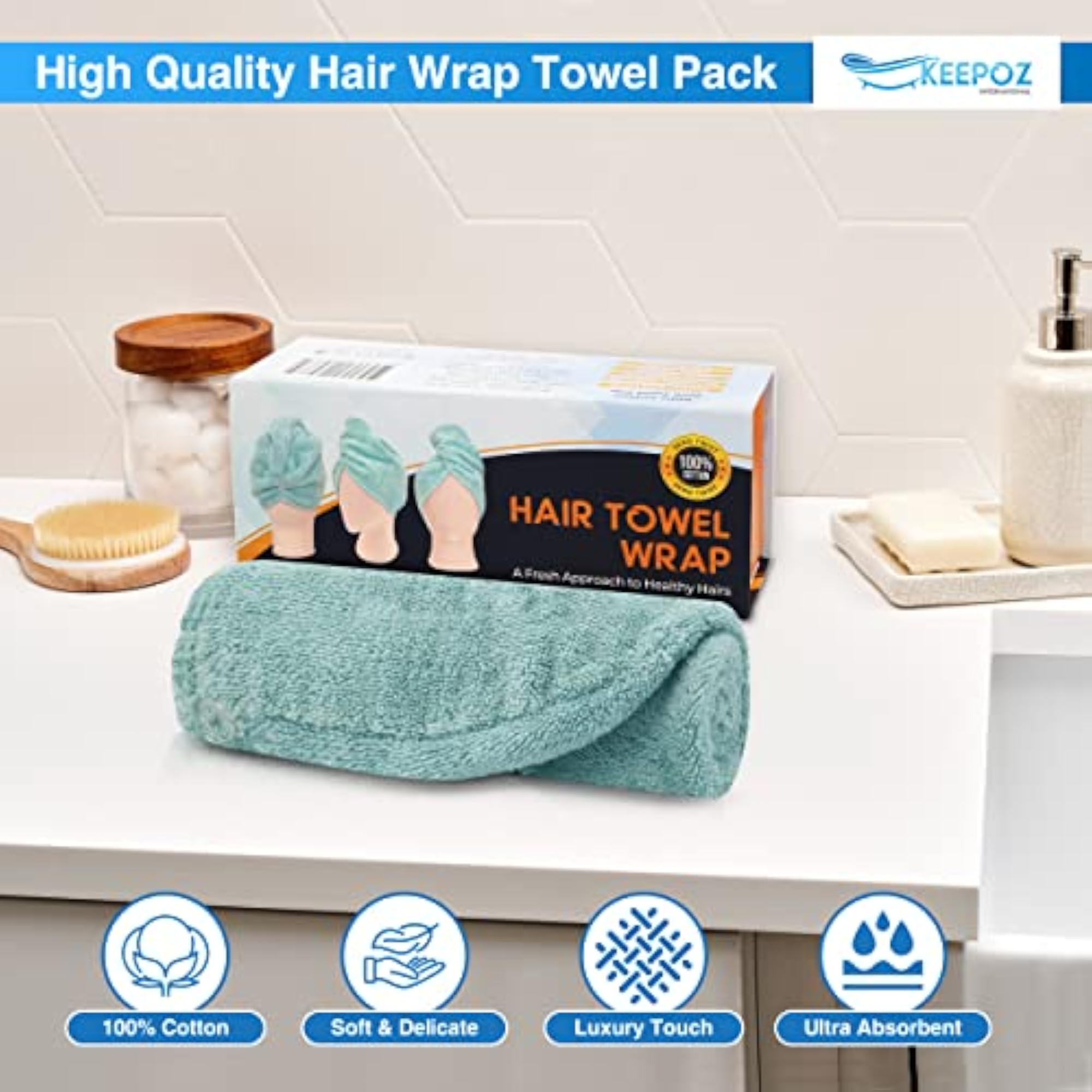 Zero Twist 100% Cotton Hair Towel Wrap, Ocean Green